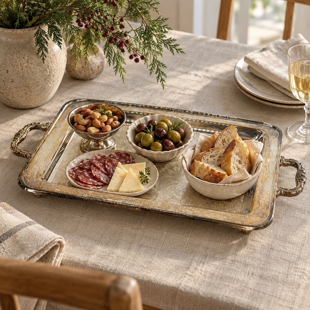 Footed Silverplate Serving Tray with Handles, Engraved 17 x 10